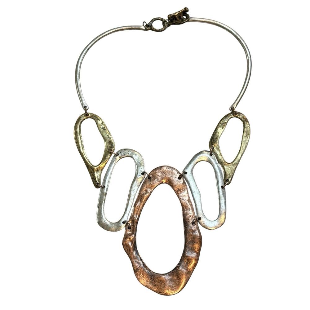 Modernist Mixed Metal Hammered Collar Abstract Necklace Copper Brass Silver Tone